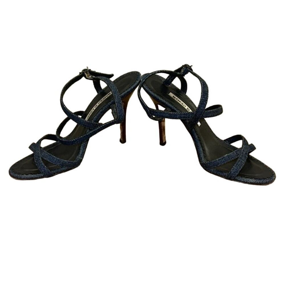 Manolo Blahnik Denim Crossover Heels - Picture 8 of 11